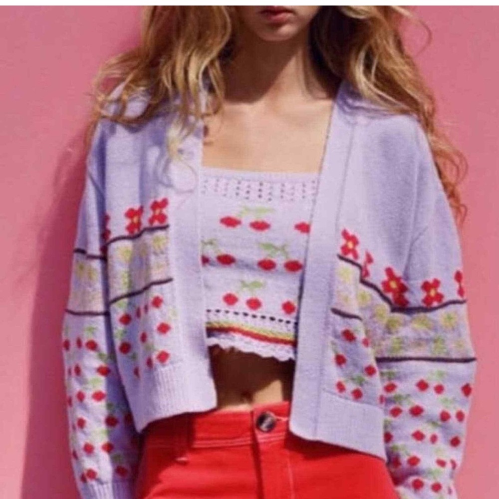 Zara Jacquard Knit Cherry Print Cardigan Sweater
